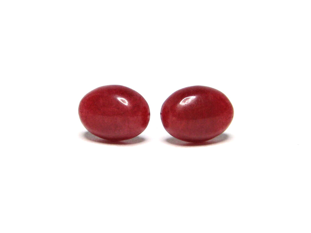 Genuine Oval Red Jade Gemstone Titanium Stud Earrings - 8 x 6mm