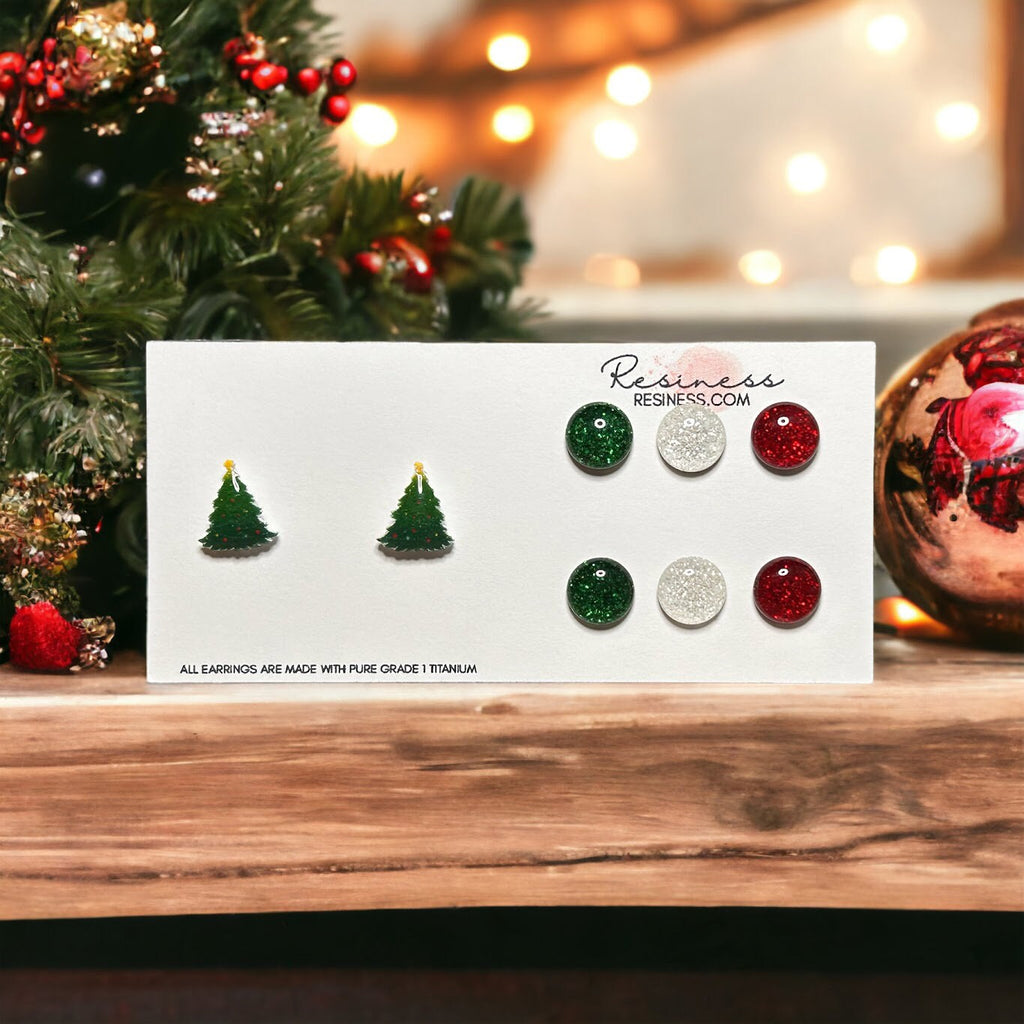 Christmas Tree and Glitter Titanium Stud Earrings Set