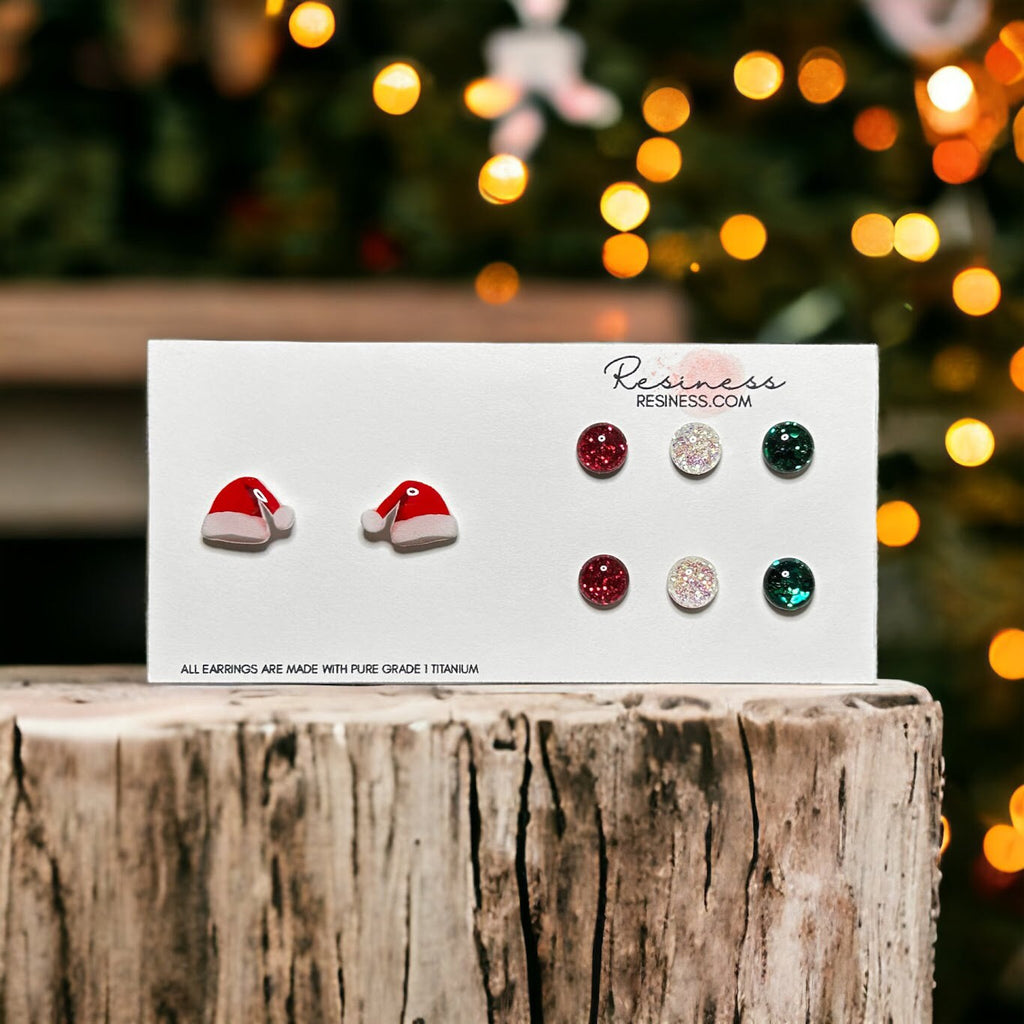 Santa Hat and Glitter Titanium Stud Earrings Set