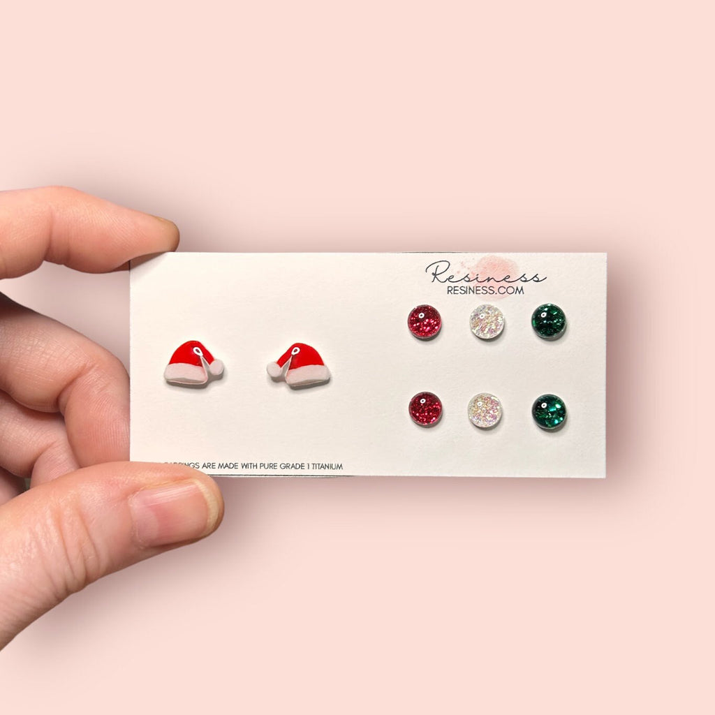 Santa Hat and Glitter Titanium Stud Earrings Set