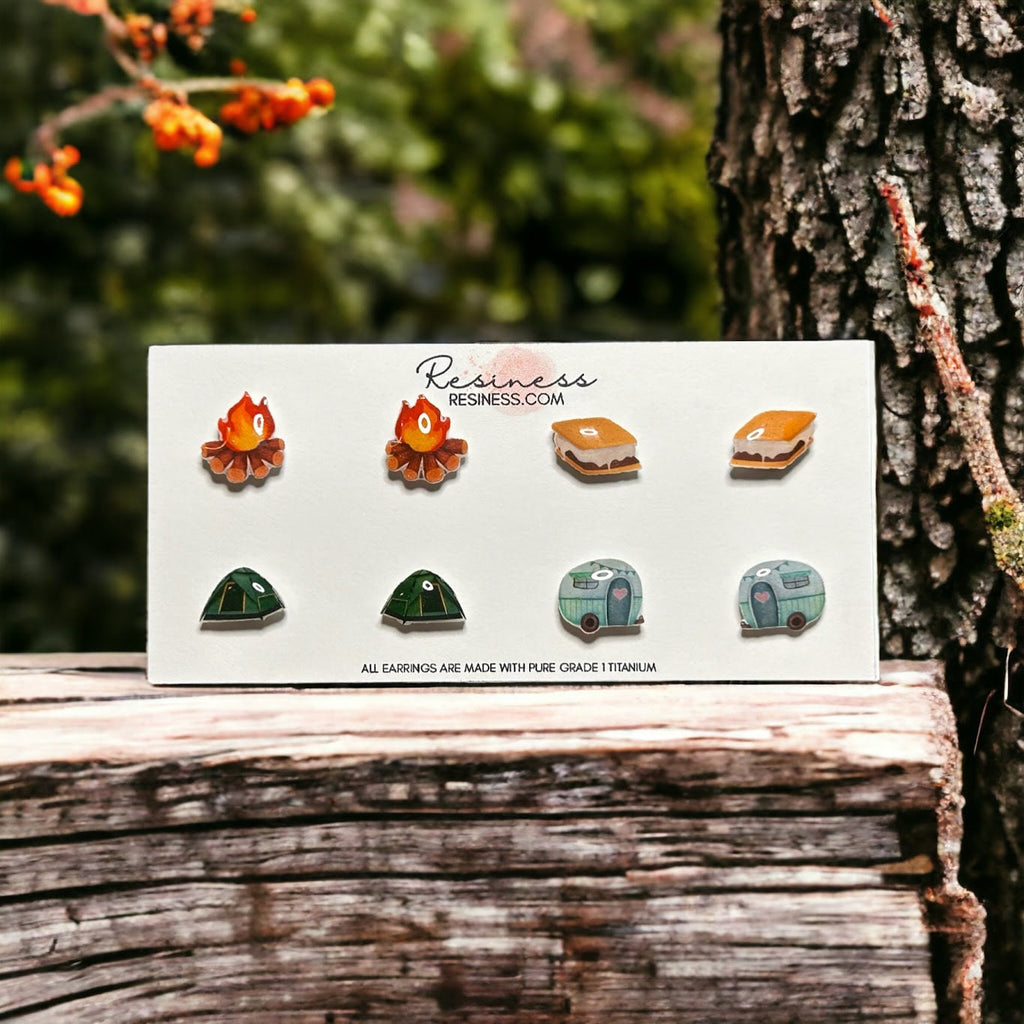 Camping Themed Titanium Stud Earrings Set