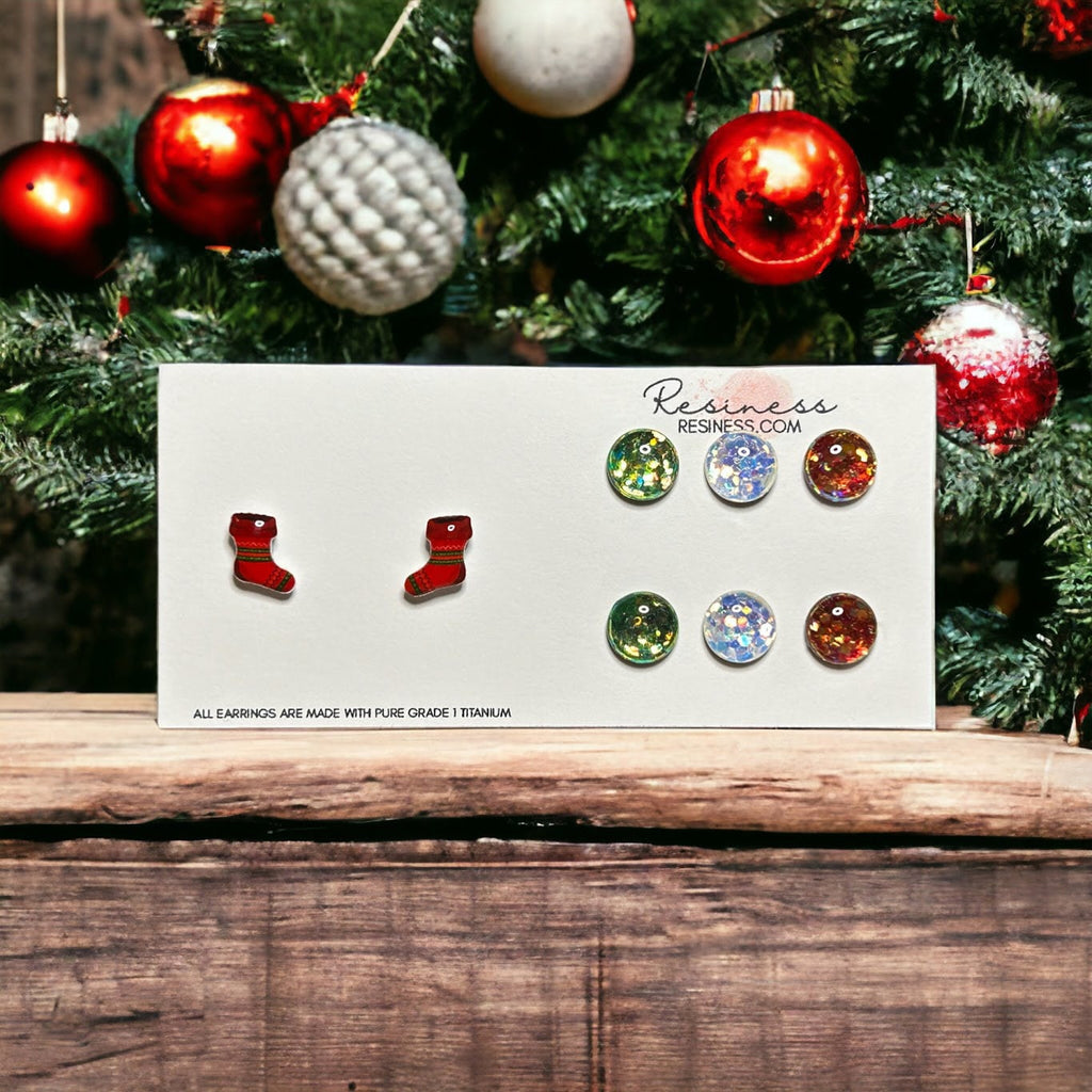 Christmas Stockings and Glitter Titanium Stud Earrings Set