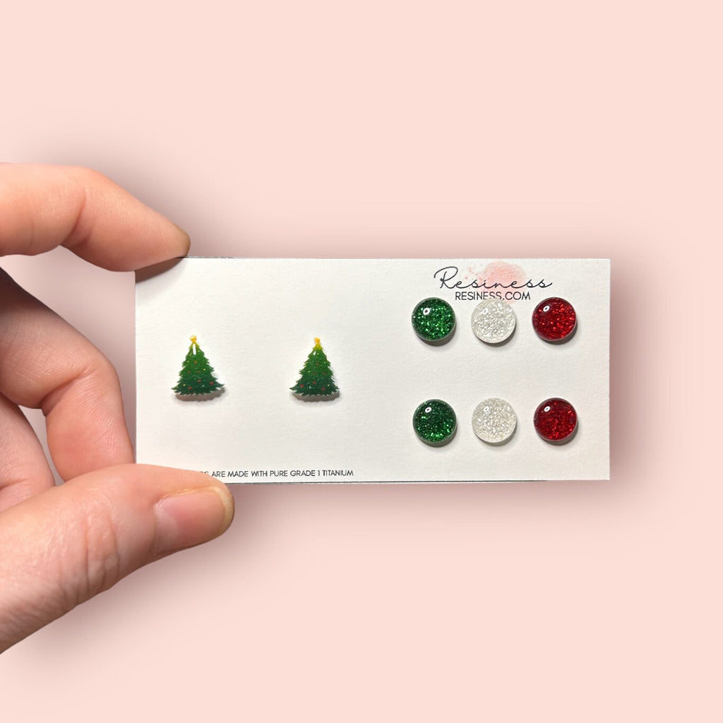 Christmas Tree and Glitter Titanium Stud Earrings Set