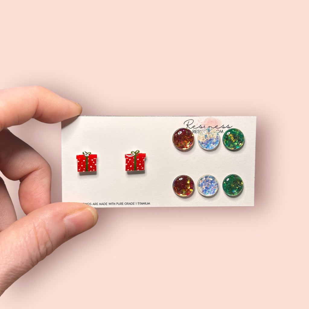 Christmas Presents and Glitter Titanium Stud Earrings Set