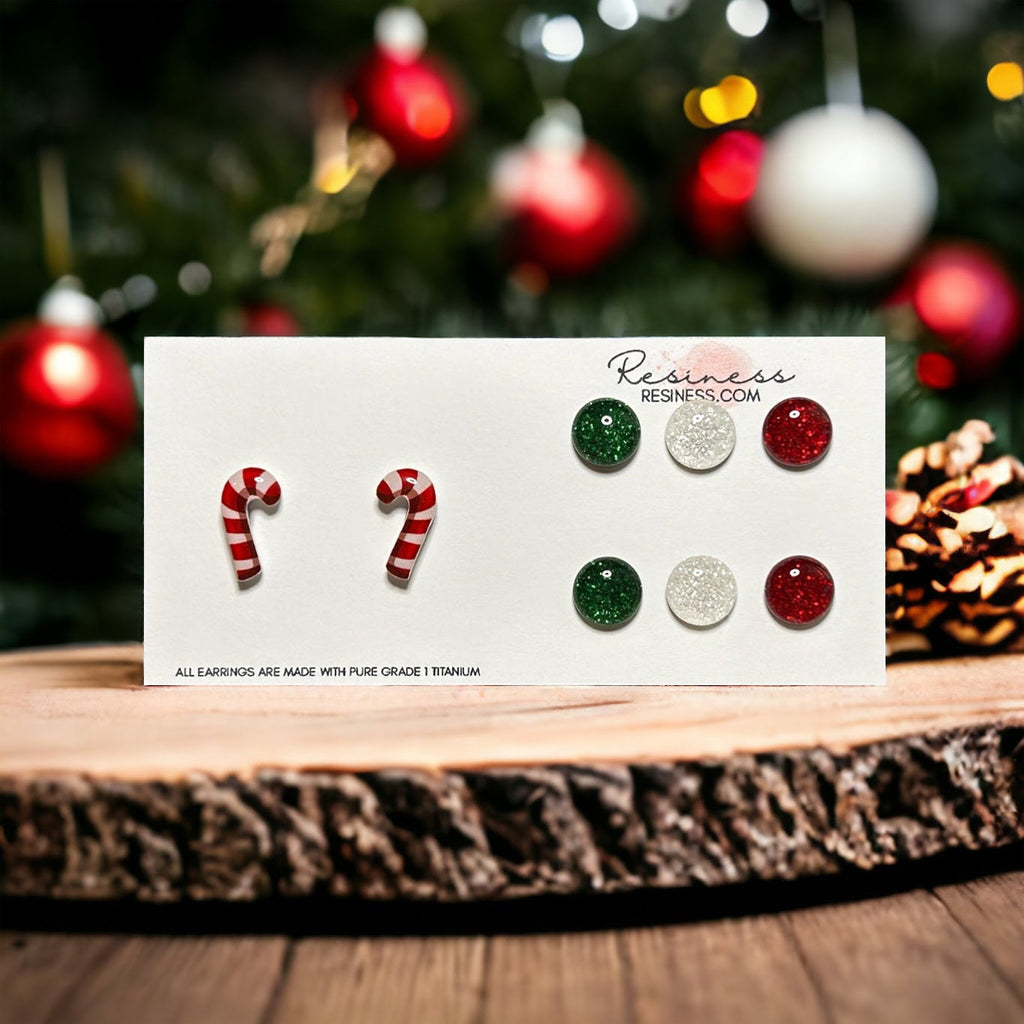 Festive Candy Cane Titanium Stud Earrings Set