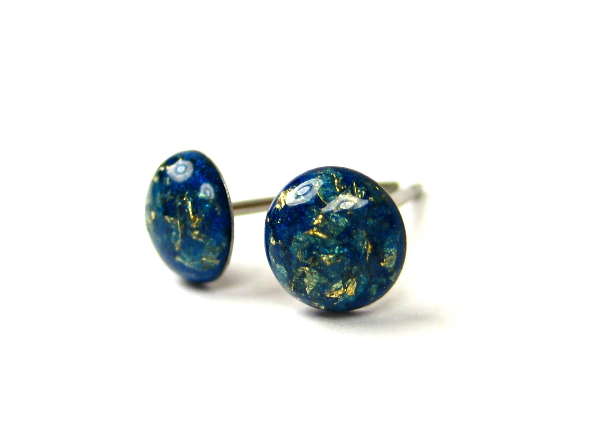 peacock blue gold flake stud earrings